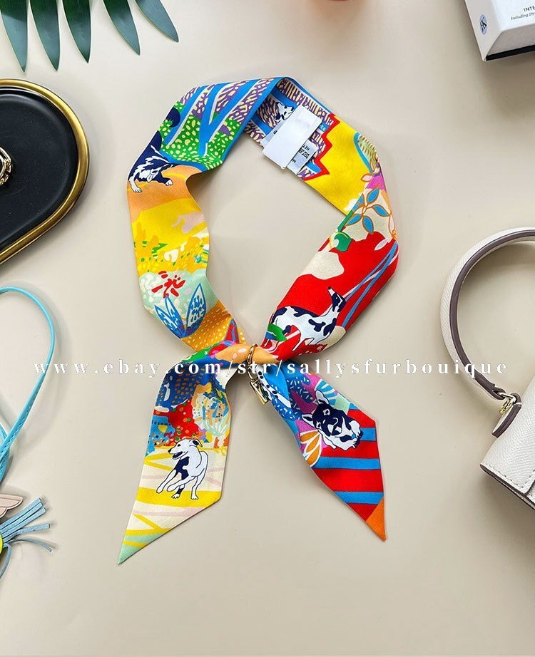 Sallys 18 Momme Twill Silk Scarf Ribbon Dogs Print Hair Bag Neck Tie 85*5cm