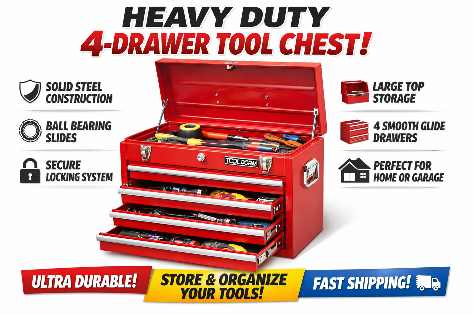 Heavy Duty Metal Tool Box 4 Drawer Steel Storage Chest Lockable Ball Bearing