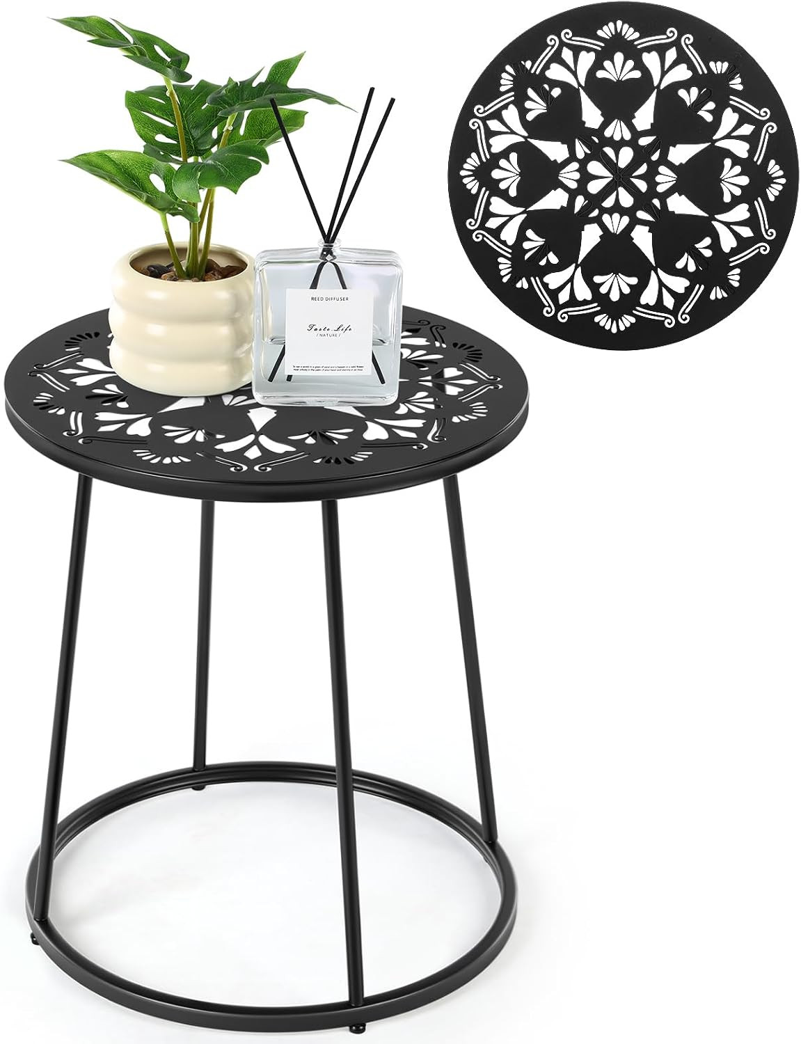 Small Outdoor Side Table, 14" Patio Side Tables with Flower Cut Outs Weather Res