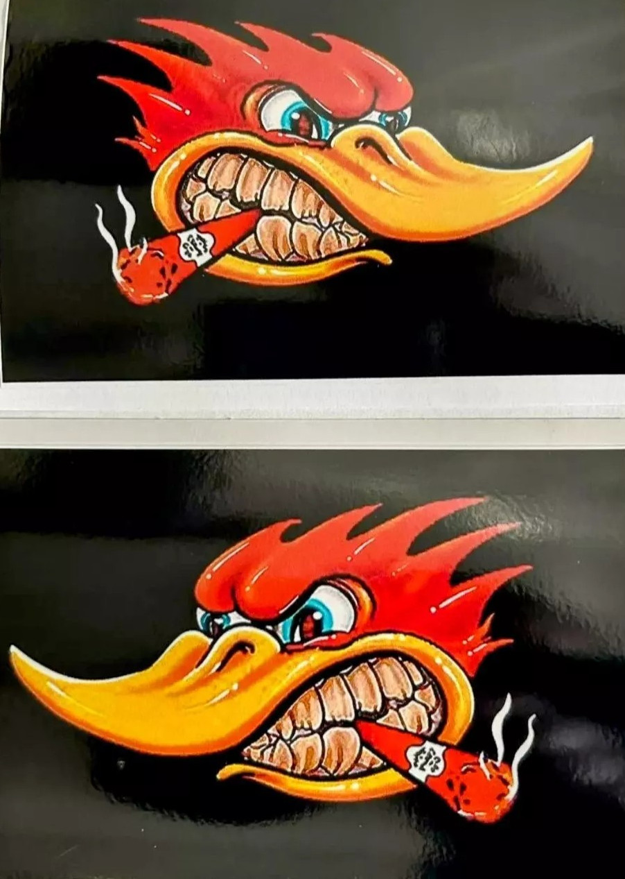 2-PACK WOODY WOODPECKER HOT ROD RAT FINK BIKER  MOTORCYCLE GUNS STICKERS DIE CUT