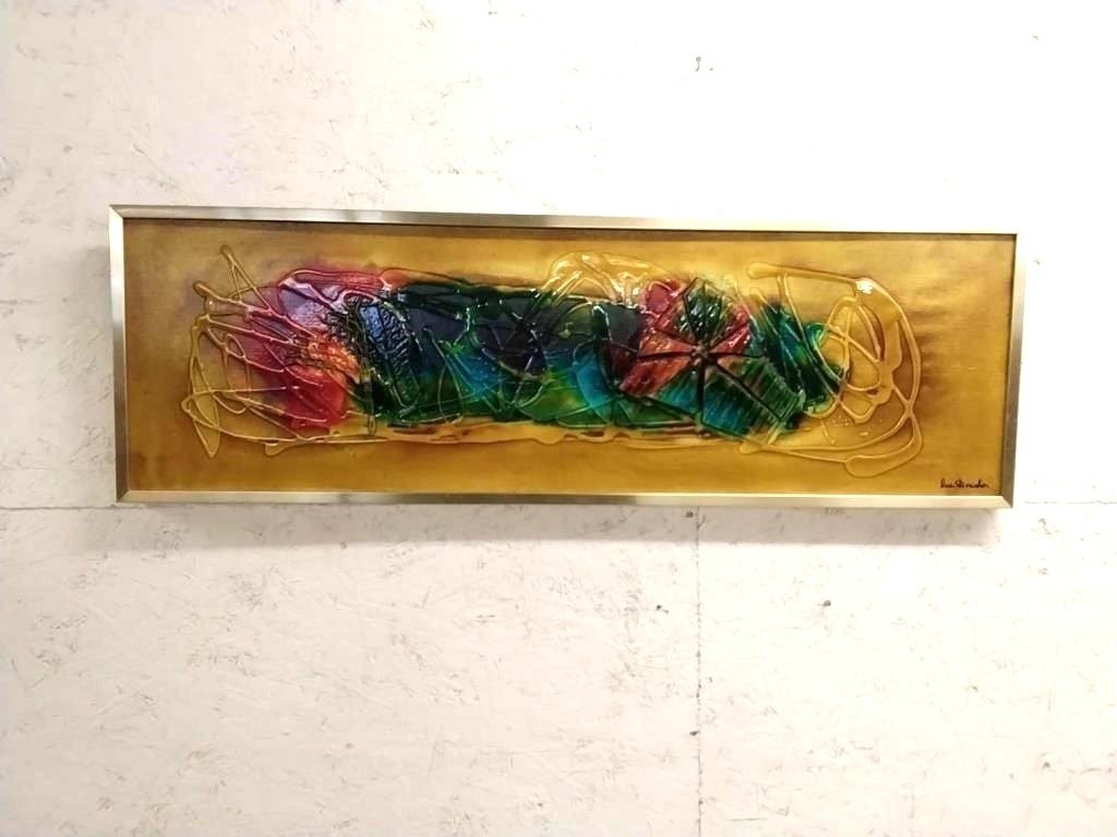 Mid Century Signed Abstract Mixed Media Canvas Painting Gold Frame Large Art 60s
