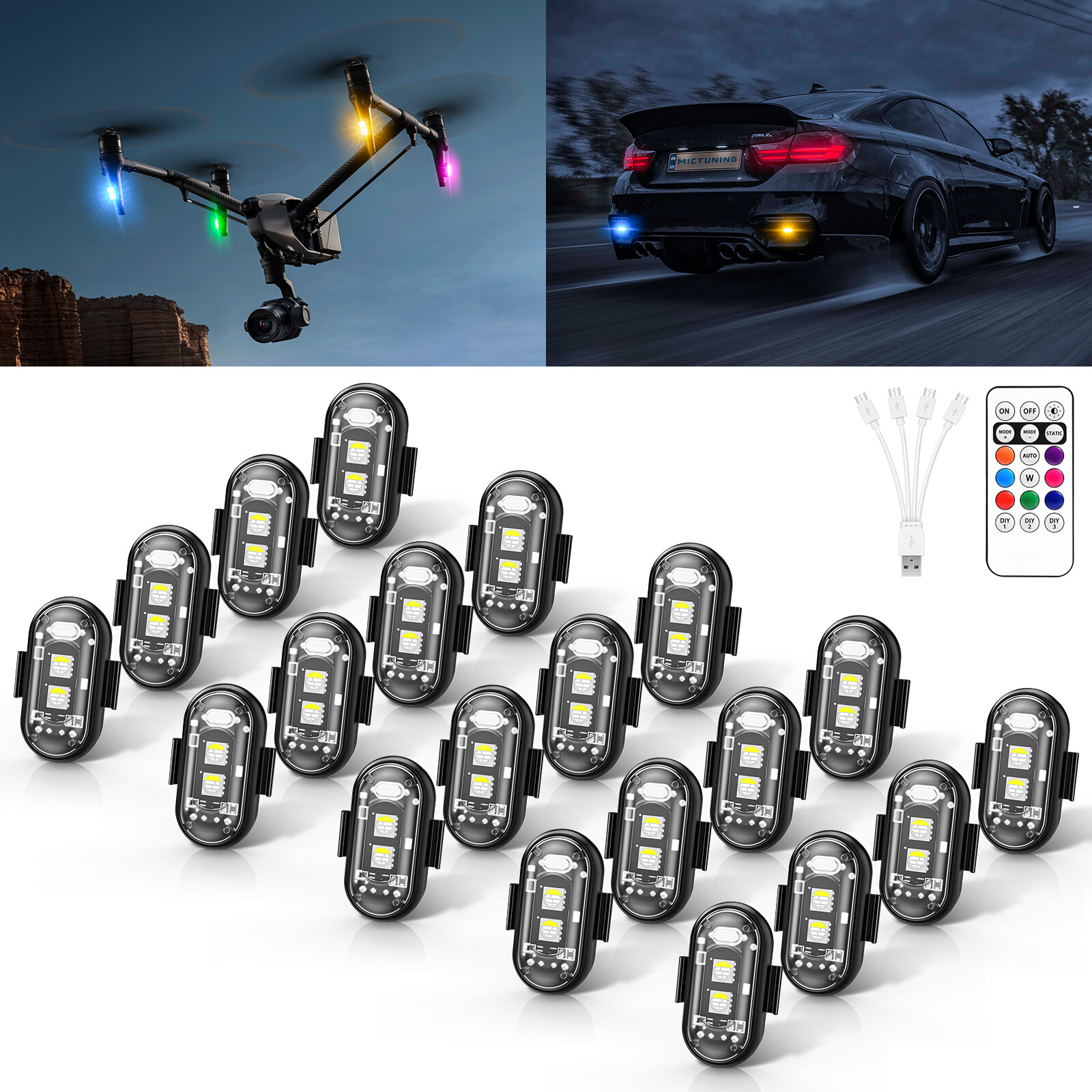 20 Pods Wireless RGB Strobe Lights w/Remote Control LED Flash Warning Lights Kit