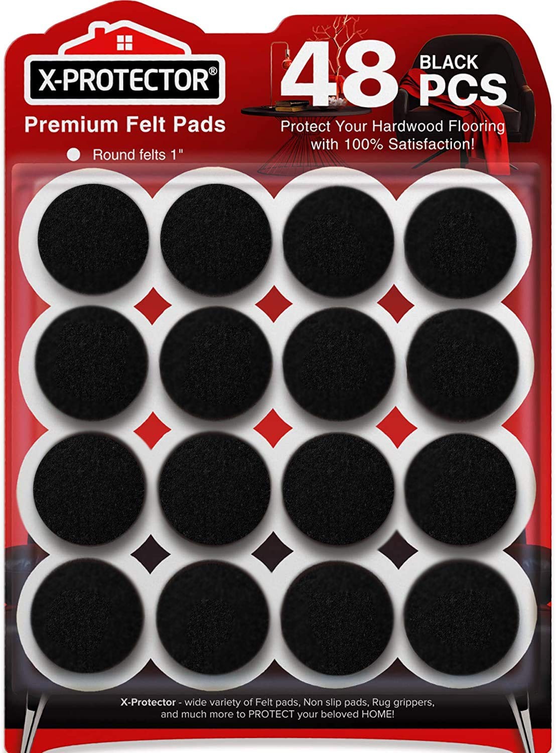 48 PCS Black Felt Furniture Pads for Hardwood Floors Self-Adhesive Round