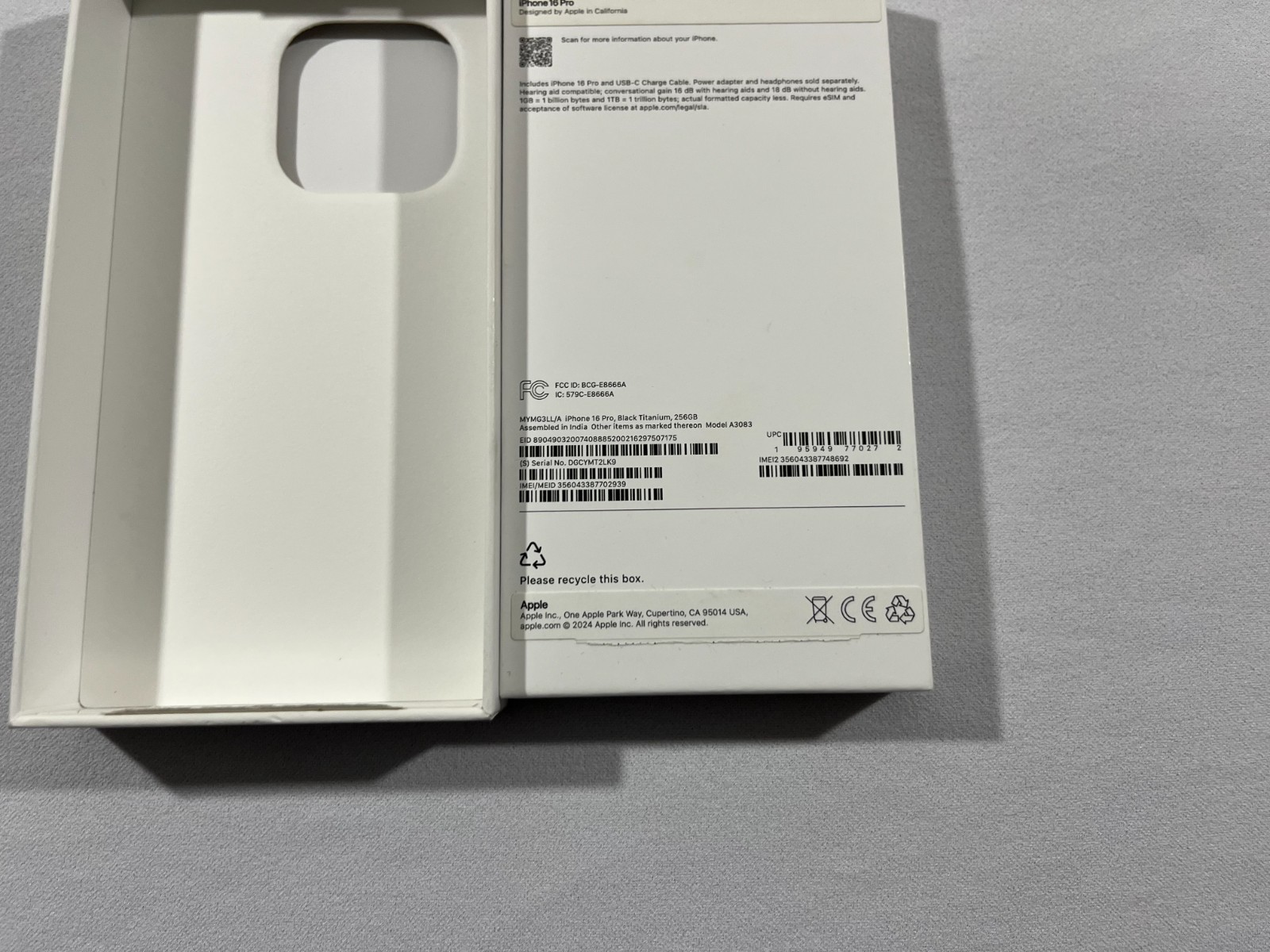 BOX ONLY Apple iPhone 16 Pro Black Titanium 256gb A3083 MYMG3LL/A Replacement