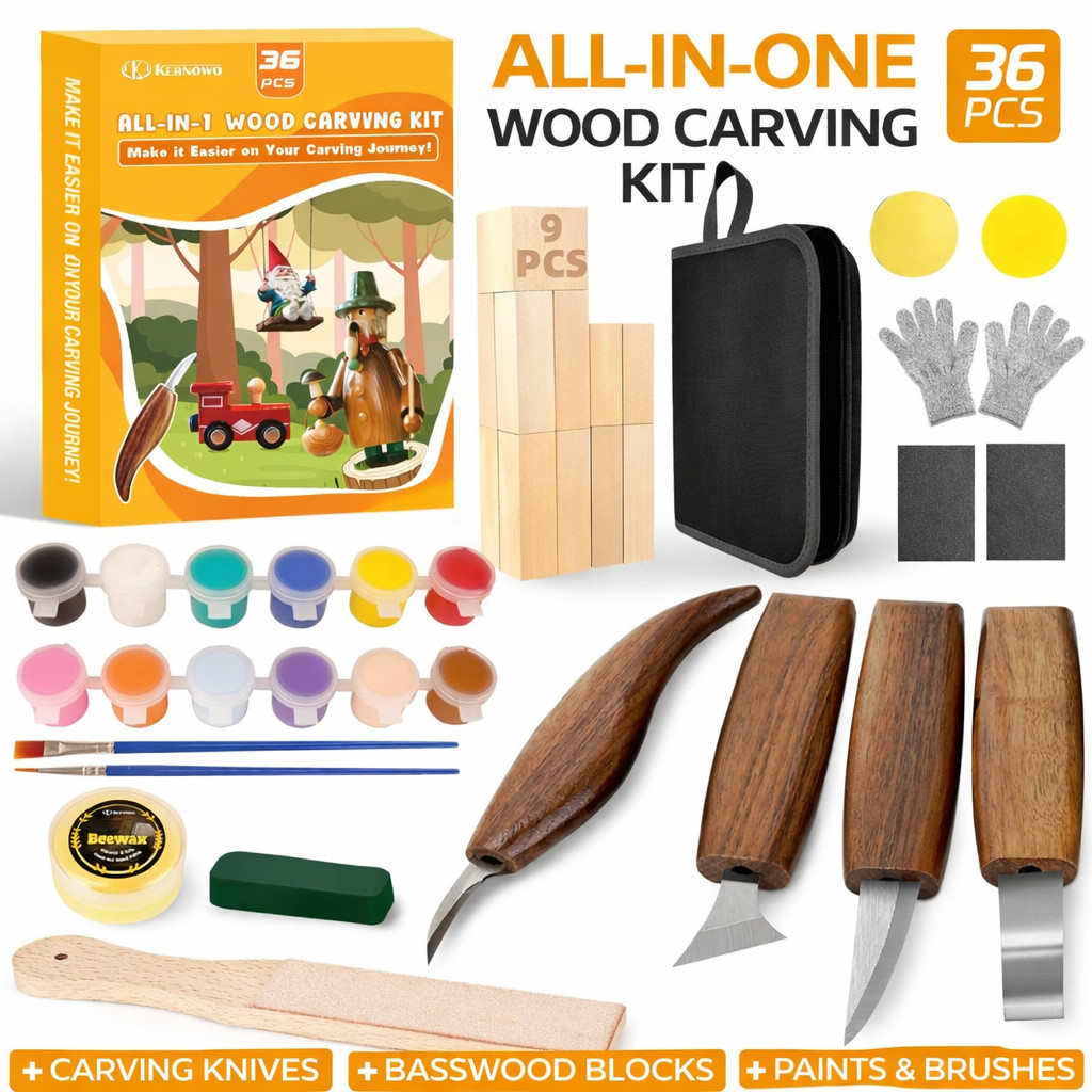 36pcs Wood Carving Tools Kit Whittling Set with 4 Knives & Storage Bag
