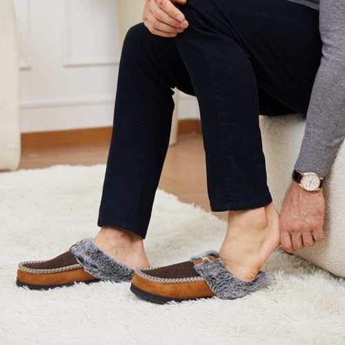 Men's Slip On Moccasin Slippers Memory Foam Fuzzy Slippers for Men 9-10 Navy