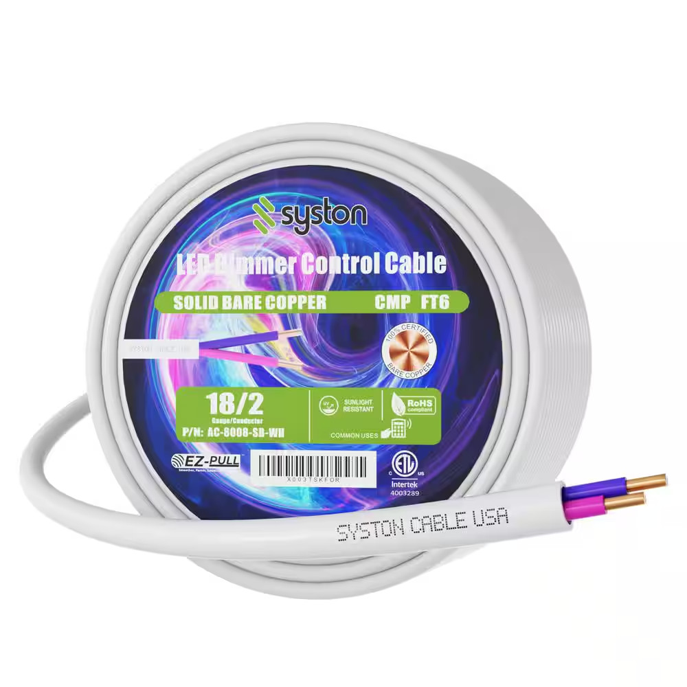 50 Ft. 18/2 White CMP Solid Bare Copper Unshielded LED Lighting Dimmer Control a