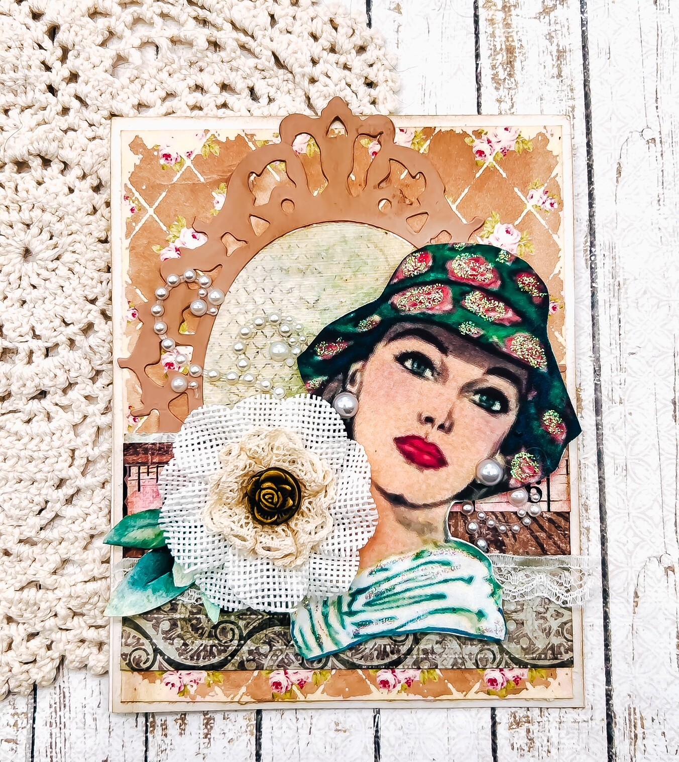 Handmade Vintage Retro Fancy Woman in Hat w. Lace Flower Ephemera Card