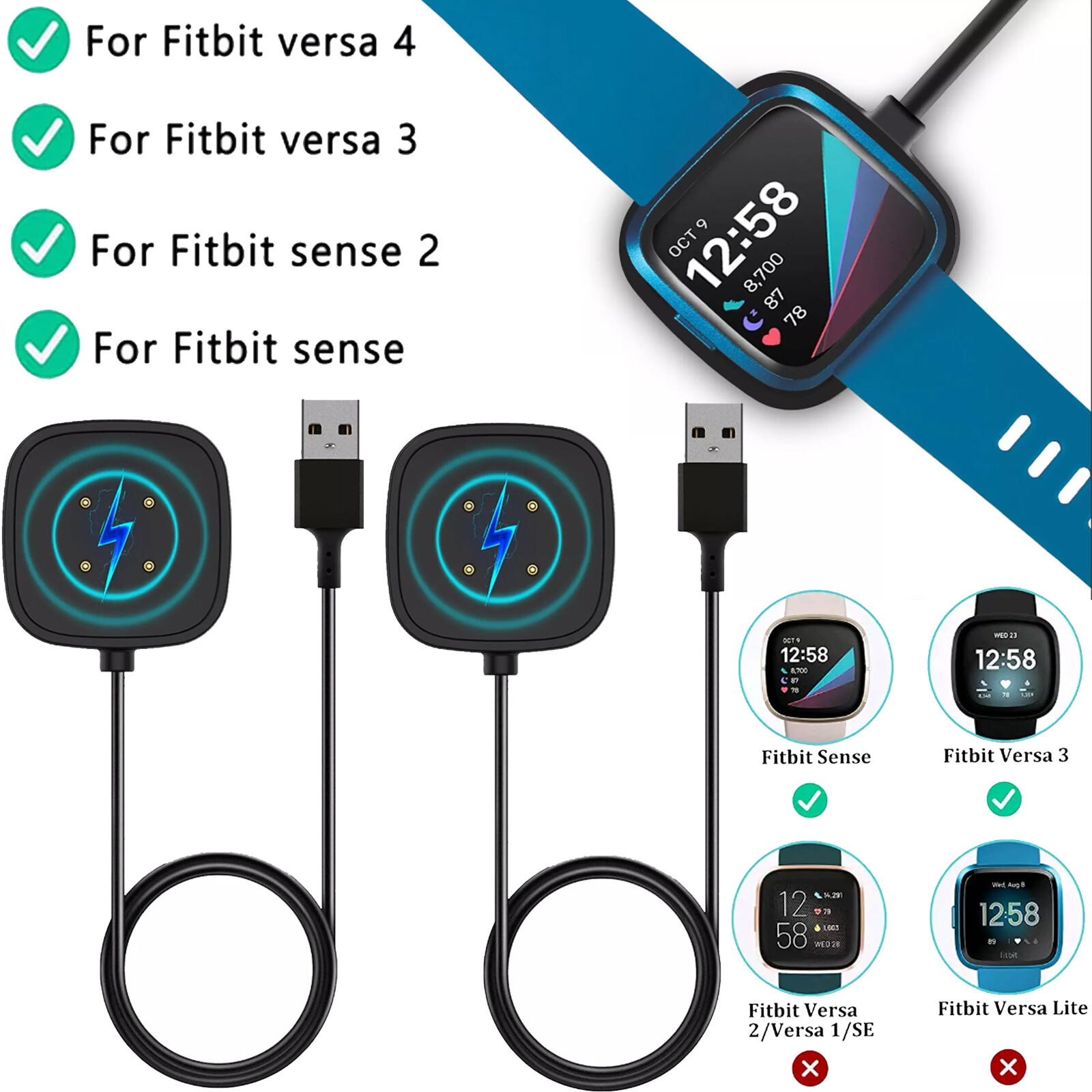 1/2X Wireless Charger For Fitbit Sense Versa3 Watch USB Fast Charging Dock Cable