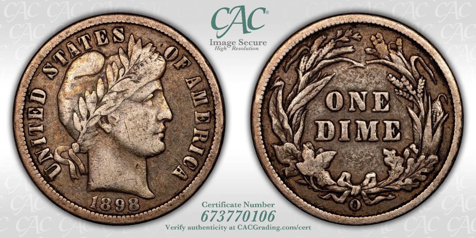 1898-O Barber Dime 10c Semi Key Date F15 CAC CACG Strong For Grade