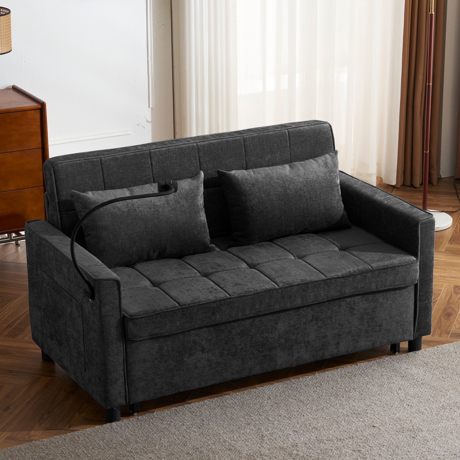 56.9'' Convertible Sleeper Sofa Bed Loveseat Sofa w/ Pull Out Bed & USB Ports