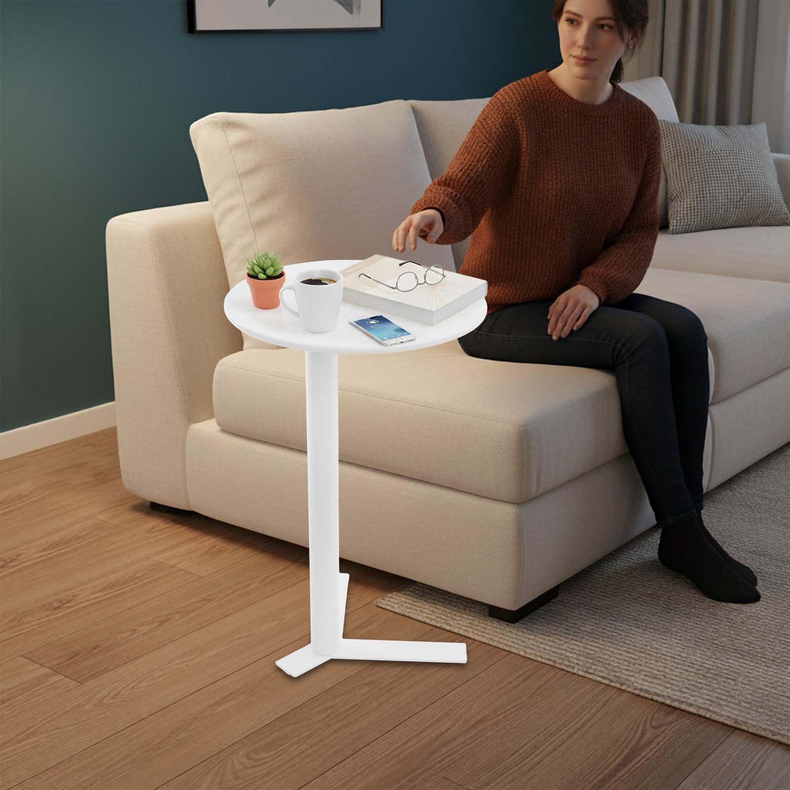 Modern Freestanding End Table, C Shaped Metalside Table With Wide Round Tabletop
