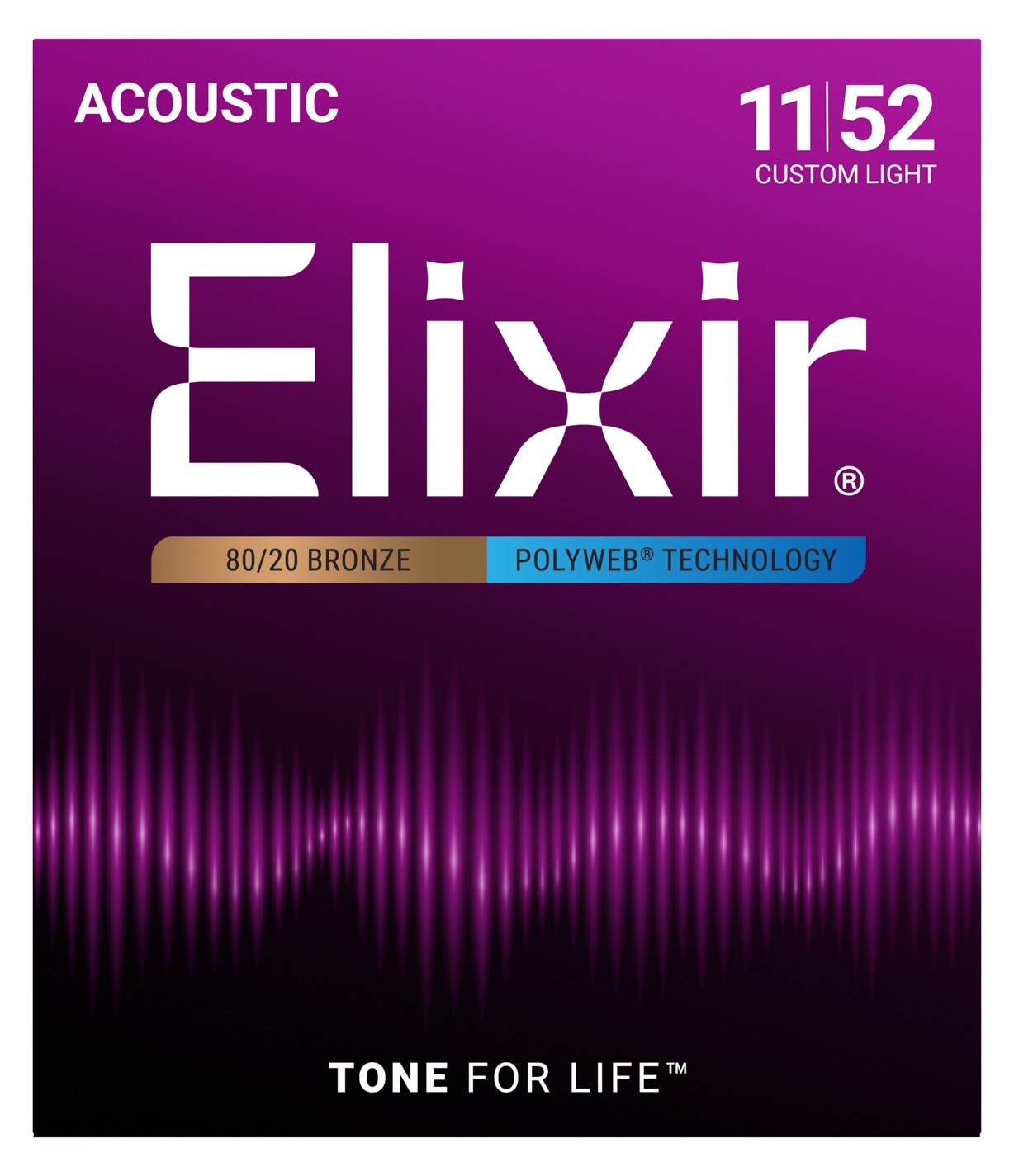Elixir 11025 11-52 Custom Light 80/20 Polyweb Coated Acoustic Guitar String Set
