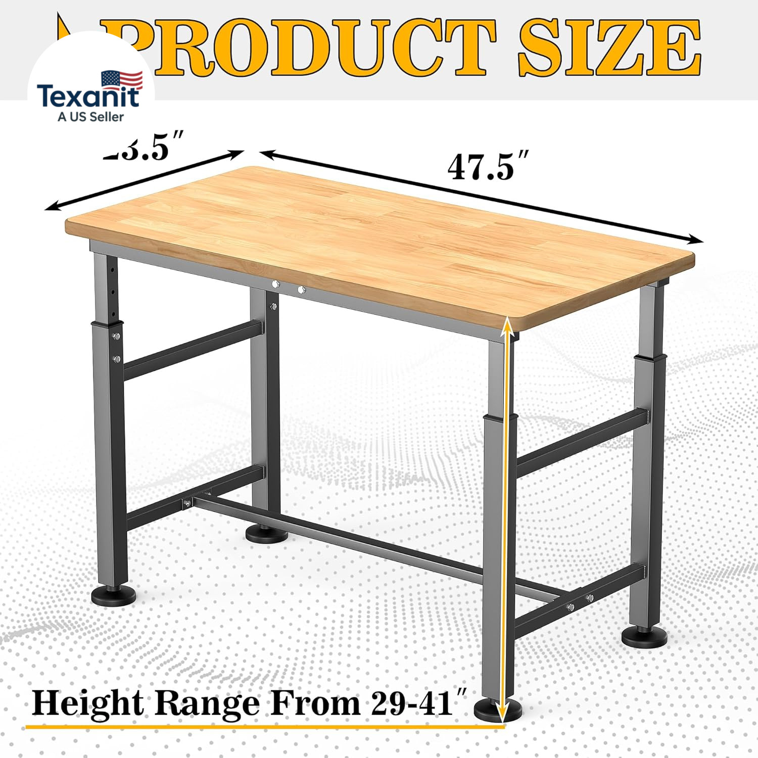 Workbench for Garage, 47.5" Adjustable Height Work Table, Heavy Duty Rubber Wood