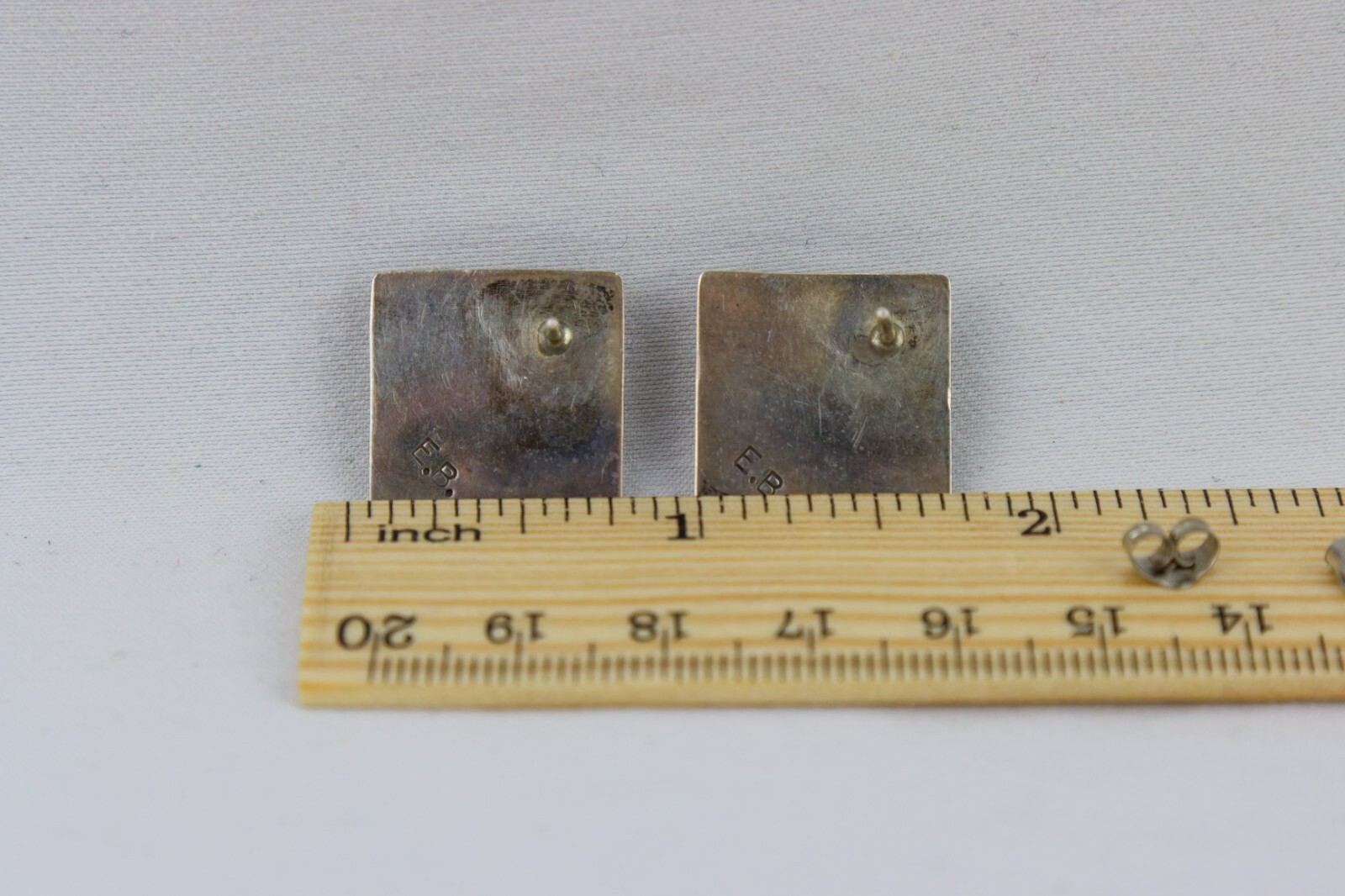 Sterling and Onyx Square Earrings, Signed "E.B.", Patina