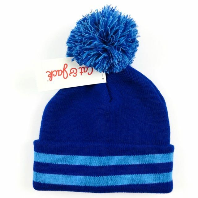 Cat & Jack ~ Pom Knit Beanie Hat ~ One Size Boys ~ 2 Shades Blue ~ Striped Cuff