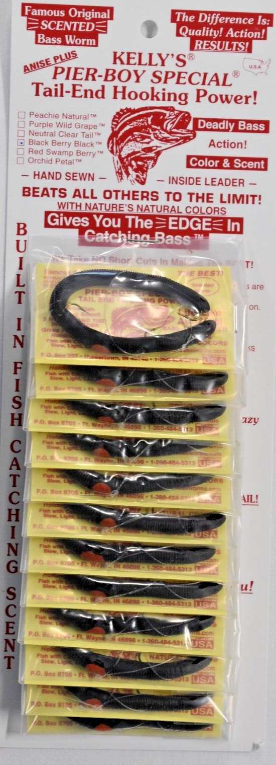 Kelly's® Bass Worms Pier Boy Special® Black Berry Black 12PK Bass Panfish USA