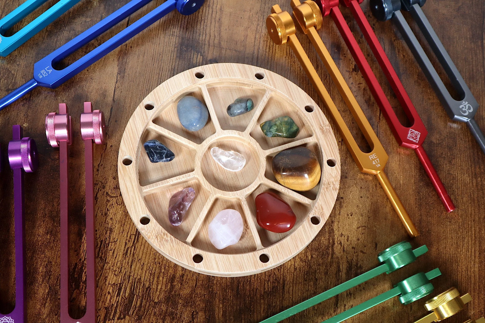 10-Slot Bamboo Tuning Fork Holder - Gemstone & Activator Options
