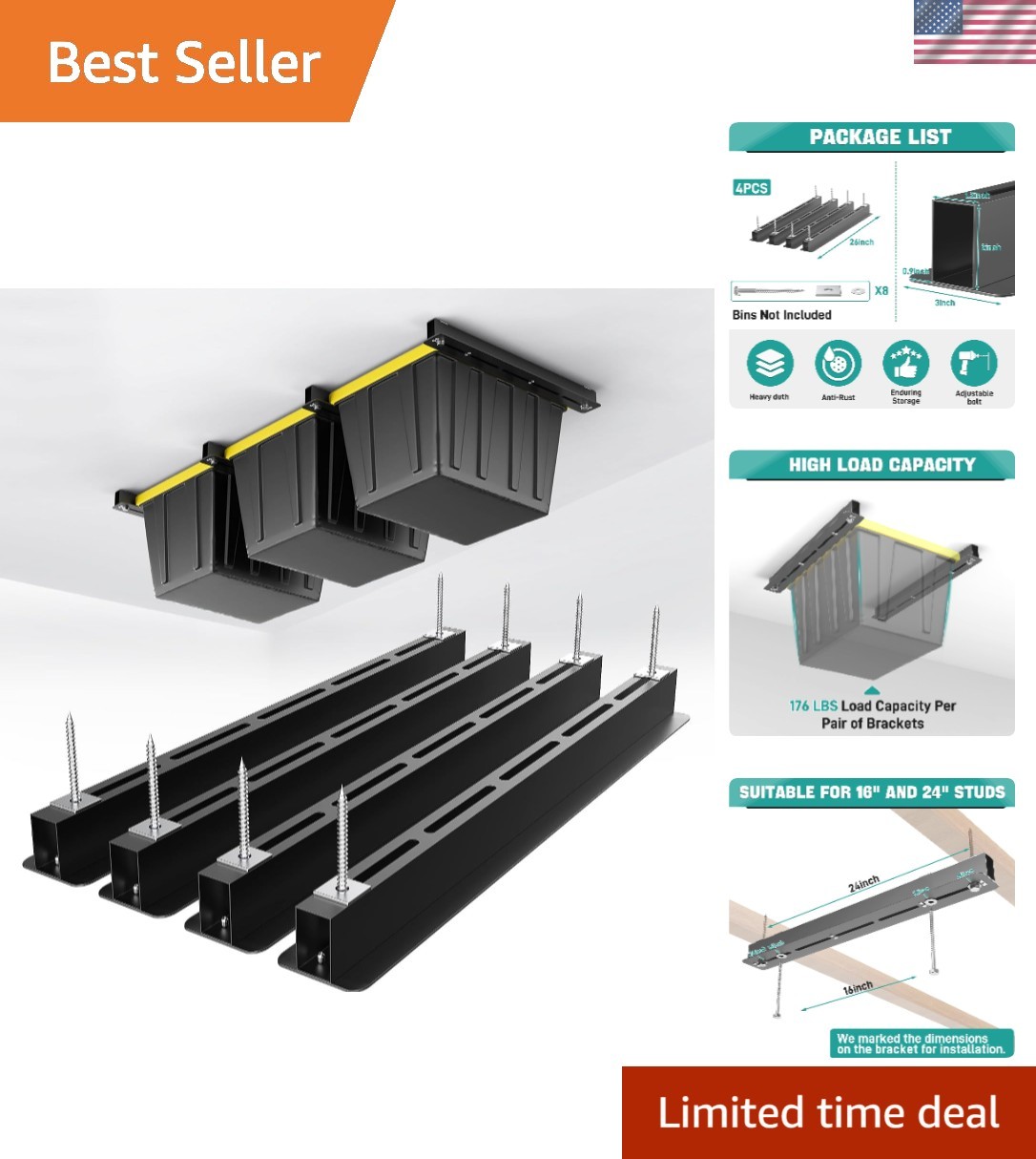 Heavy-Duty Ceiling Storage Rack System - Adjustable and Expandable 4-Bin Design