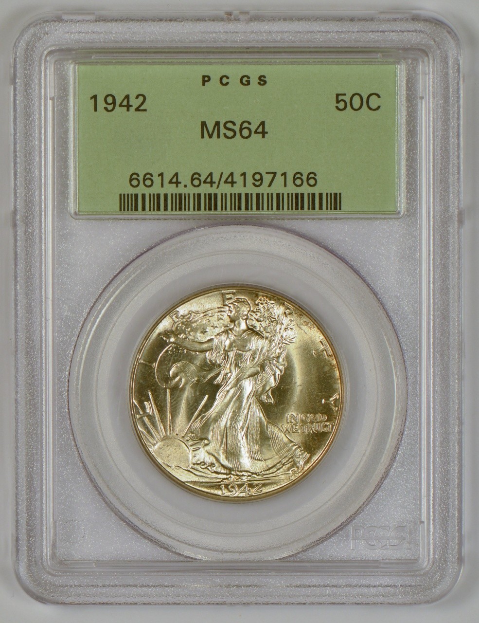 1942 Walking Liberty Half Dollar from the Philadelphia Mint graded MS64 by PCGS