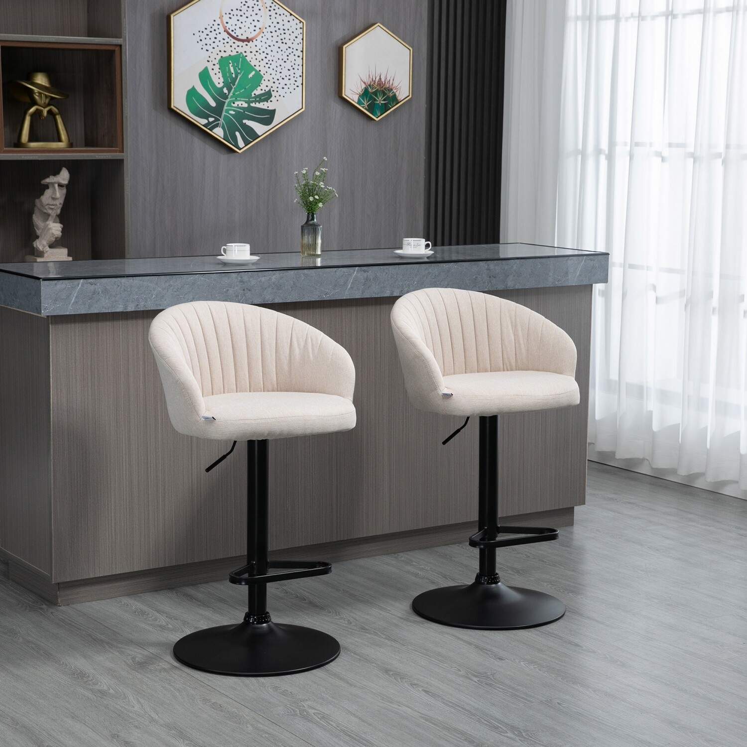 Set of 2 Swivel Bar Stools Adjustable Counter Height Bar Chair for Kitchen Beige