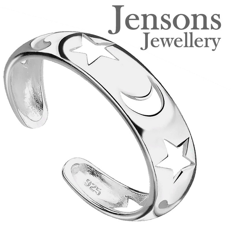 Toe Ring Crescent Moon with Star Adjustable Womens in Solid 925 Sterling Silver