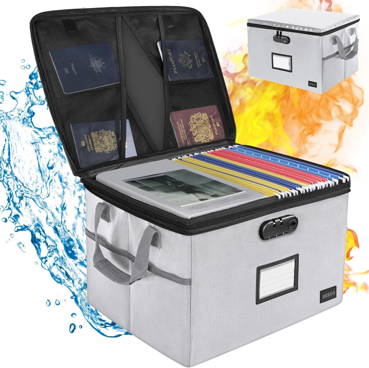 Fireproof File Storage Organizer Water Resistant Document Box Lock Grey Nokbox