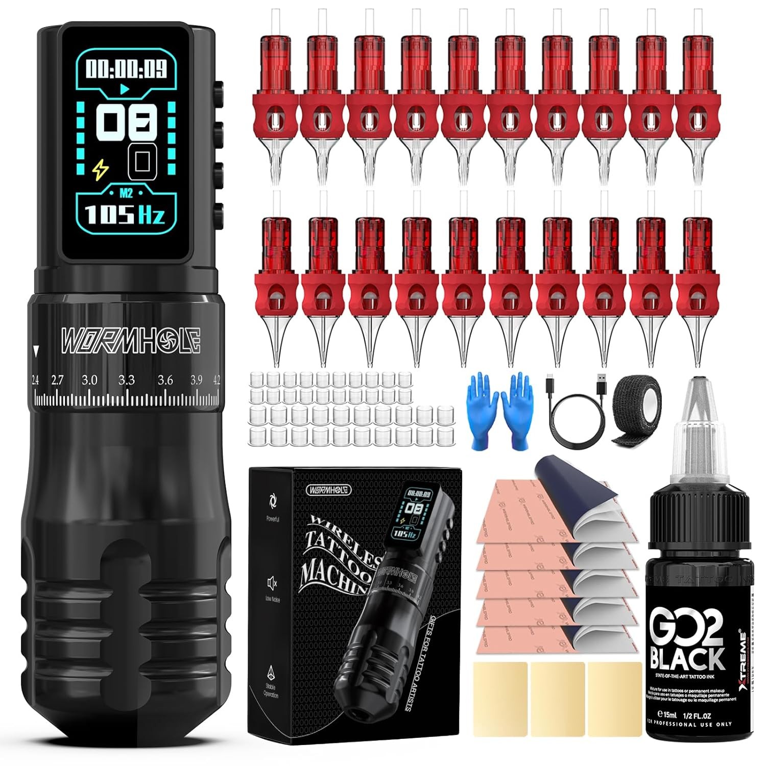 Wormhole Tattoo Gun Kit, Wireless 2300mAh Battery Aluminum Black1