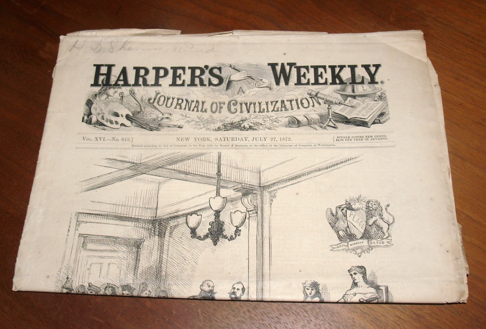 ANTIQUE HARPER'S WEEKLY BACK ISSUE JULY 27, 1872 THOMAS NAST POLITICAL CARTOON