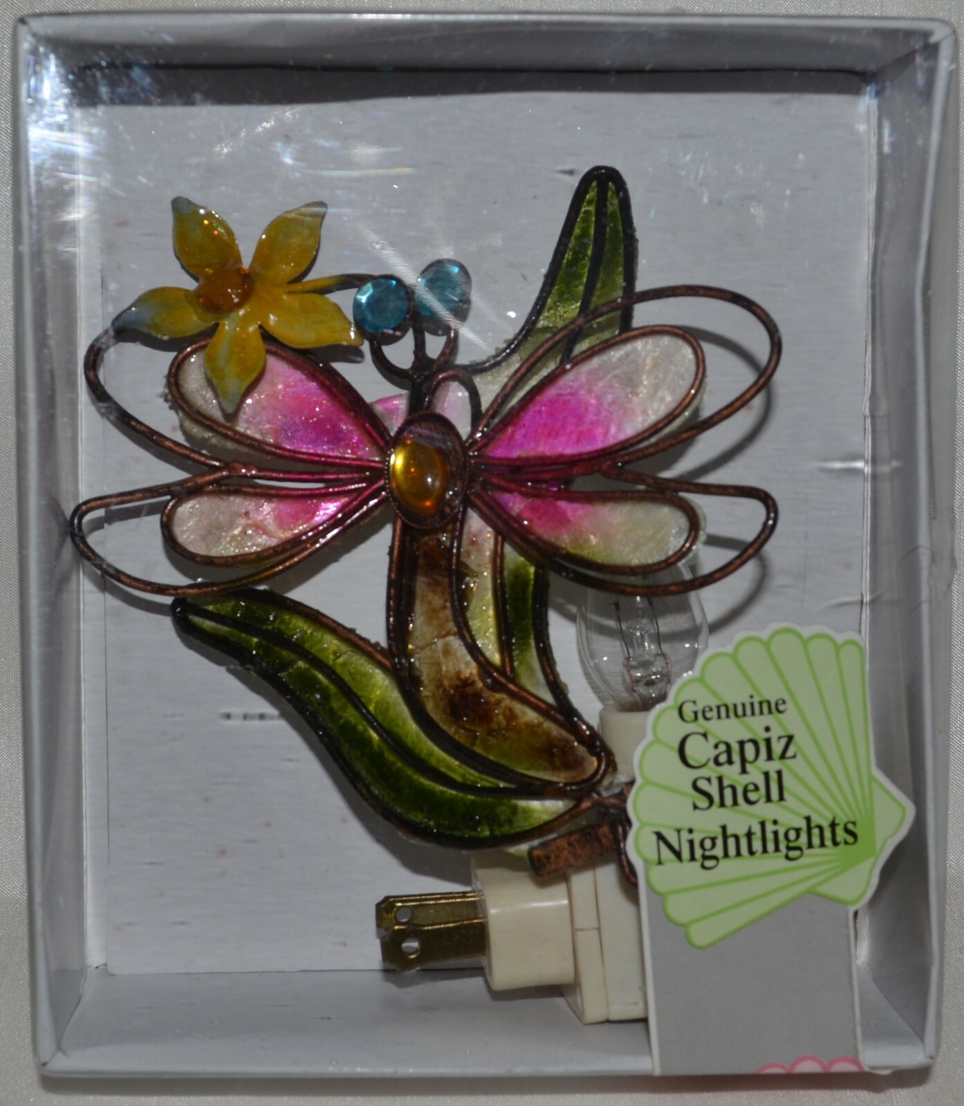 Dragonfly Capiz Shell Nightlight~Flower~Metal Frame~Night Light~NEW