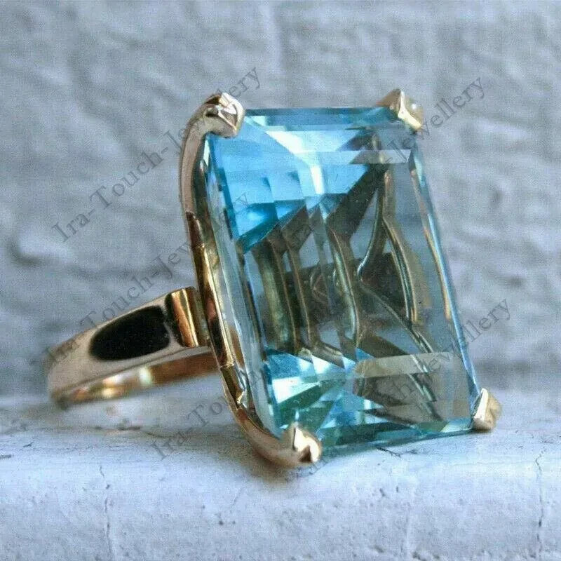 5Ct Emerald Cut Lab Created Aquamarine 14K Yellow Gold Plated Engagement Ring