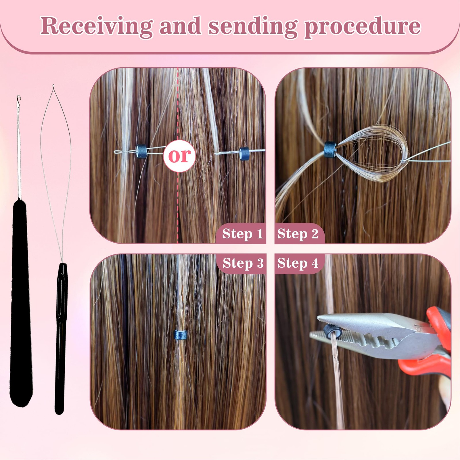 Sew in Hair Extensions Kit, Microlink Tool Compact, Black, Beige, and Brown
