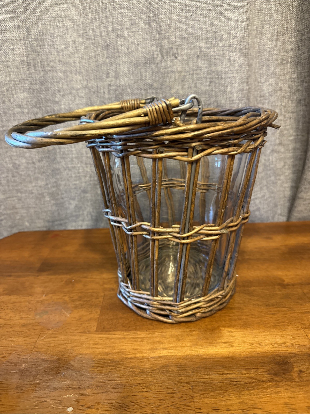 Lot of 2 Vintage Wicker Baskets With Glass Insert Plant Candle Flower Handles