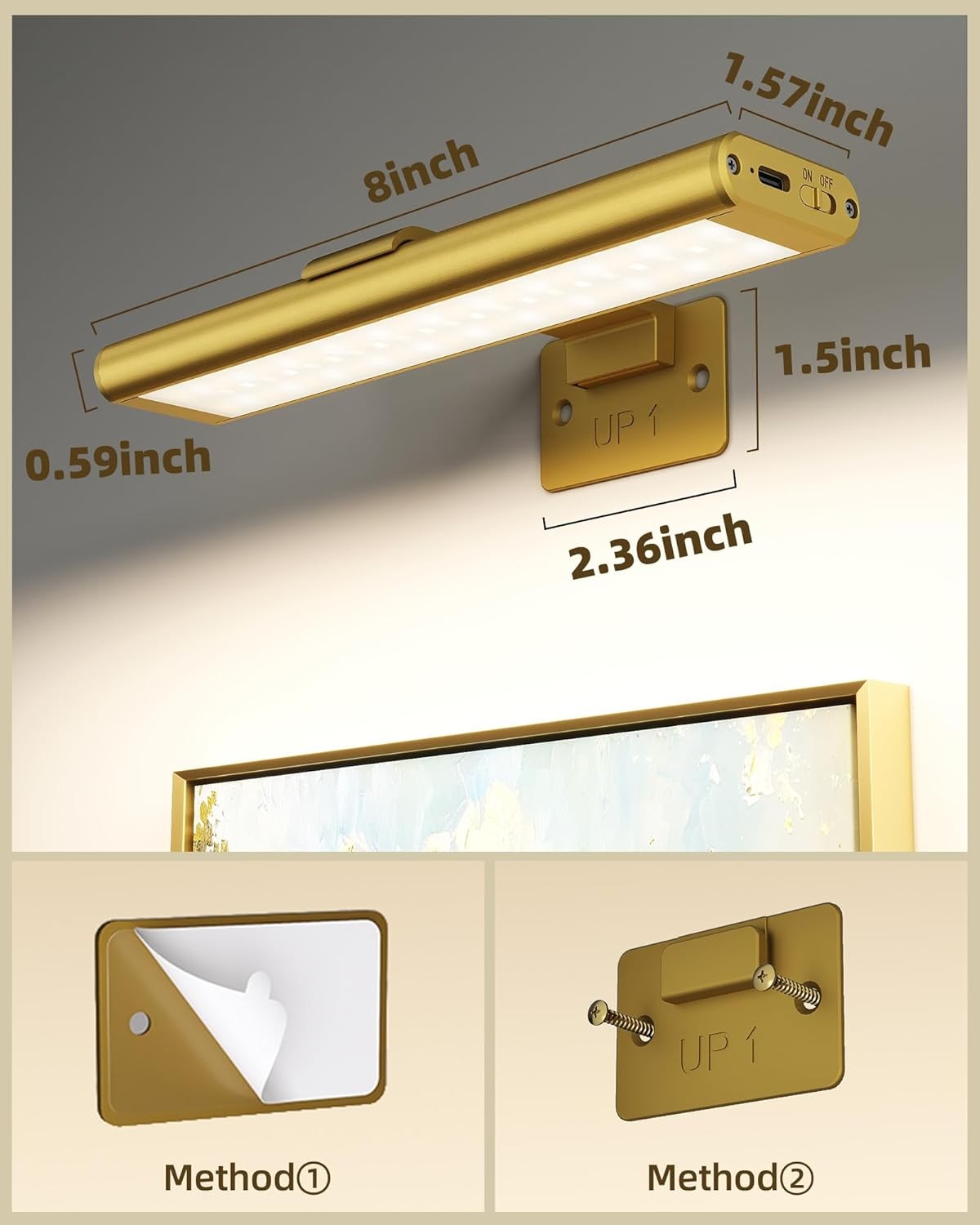 3 Wireless Picture Light for Wall: 8" Rechargeable Art Light with Remote & Timer