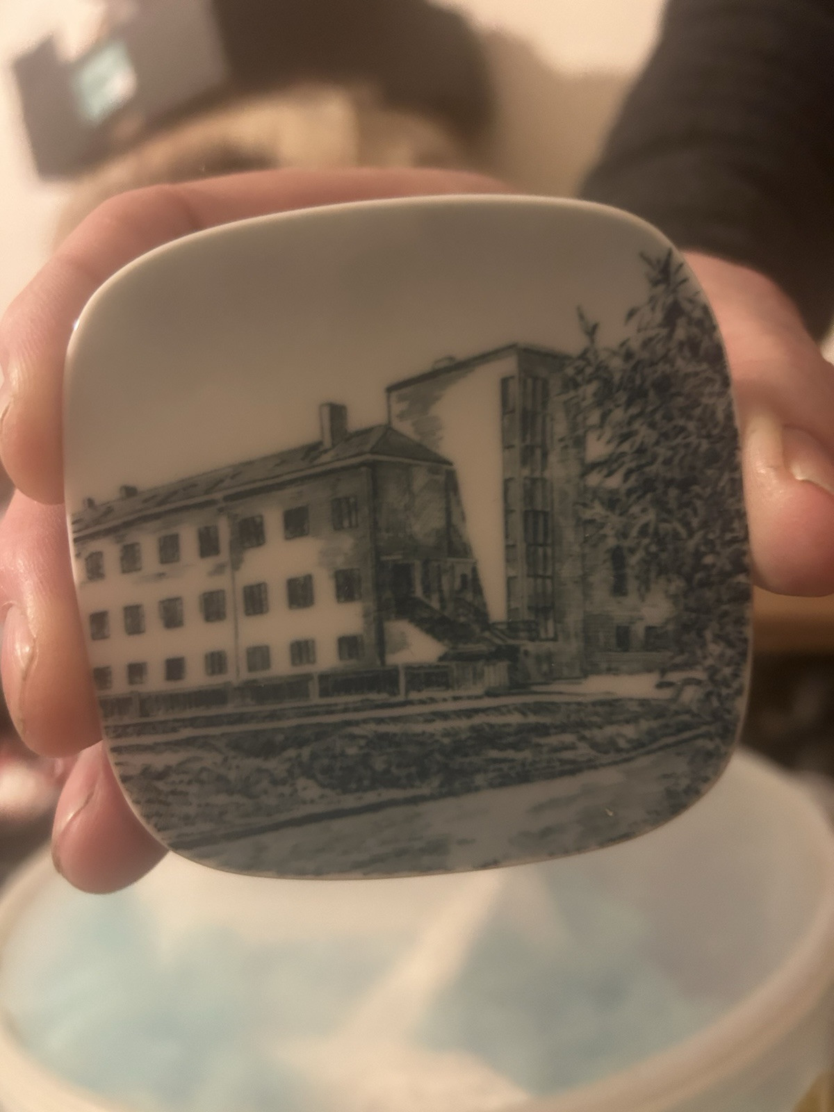 Small Ceramic Square Dish With City Hotel Design