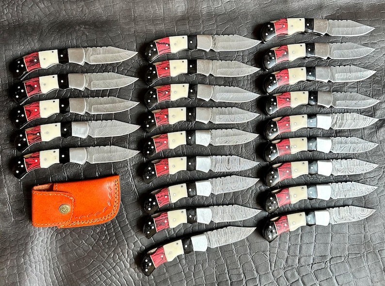 Lot of 23 Handmade Damascus Steel Folding Knives – 7 Inch Pocket Knife Bulk