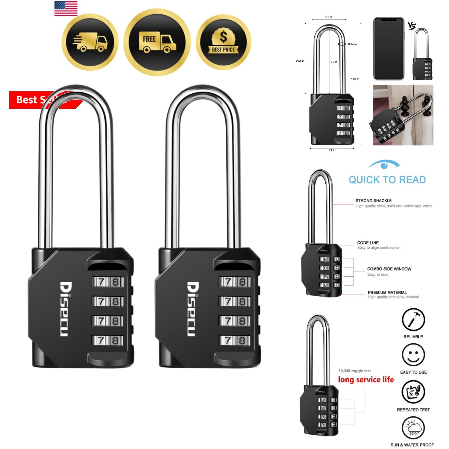 2 Pack 2.6 Inch Long Shackle Combination Lock, 4 Digit Outdoor Waterproof Pad...