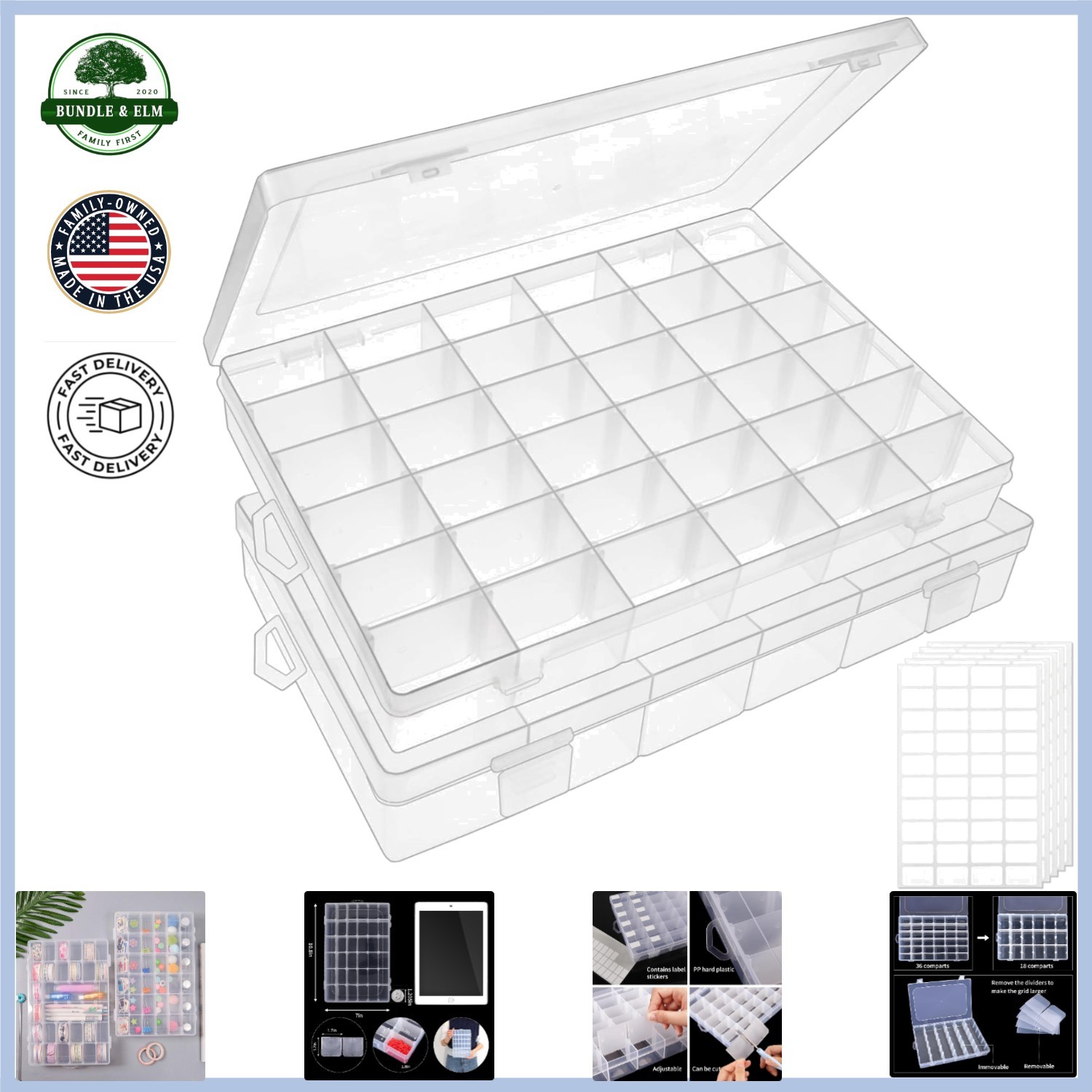 2 Pack Versatile Storage Containers with 36 Grids for Beads and Accessories