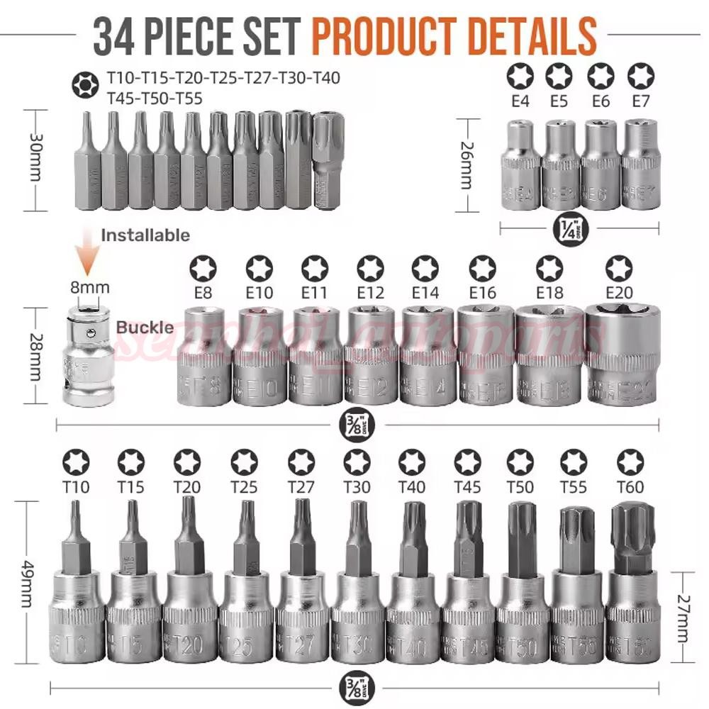 34 Pcs Drive Male Female Torx Star Bit Socket E-socket Set Handheld Tool + Case