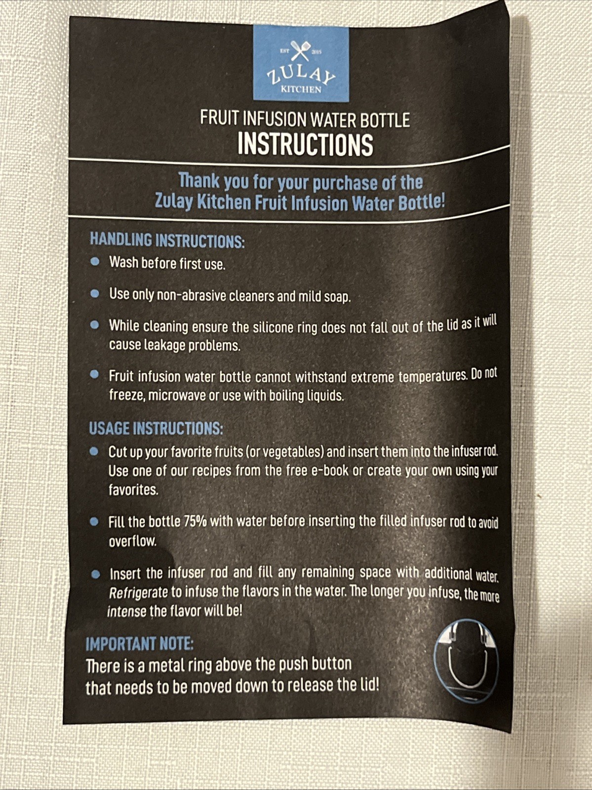 Zulay Kitchen Fruit Infusion Water Bottle Black New In Box
