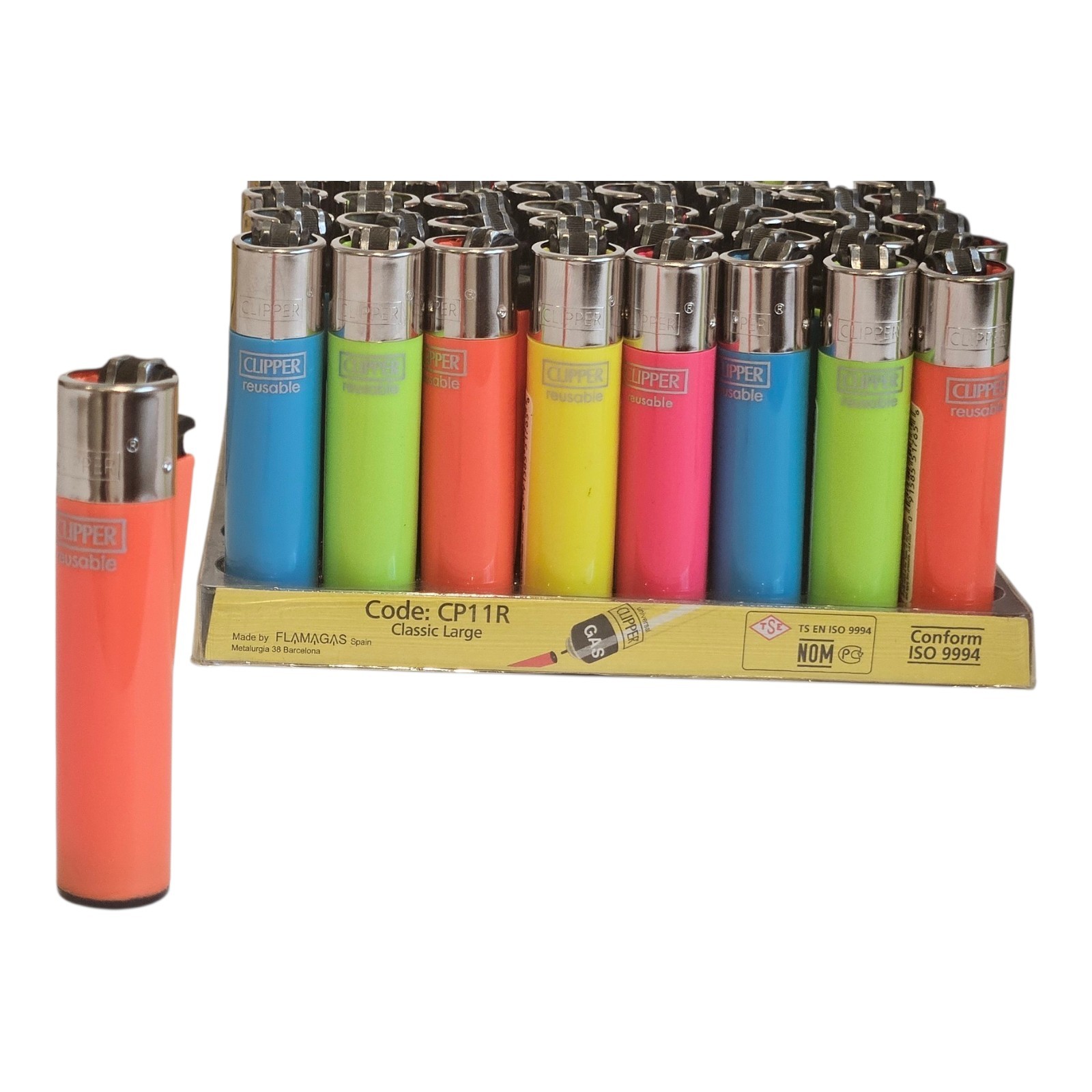 8x Clipper Reusable Lighters Assorted Solid Colors Removable Flint Refillable