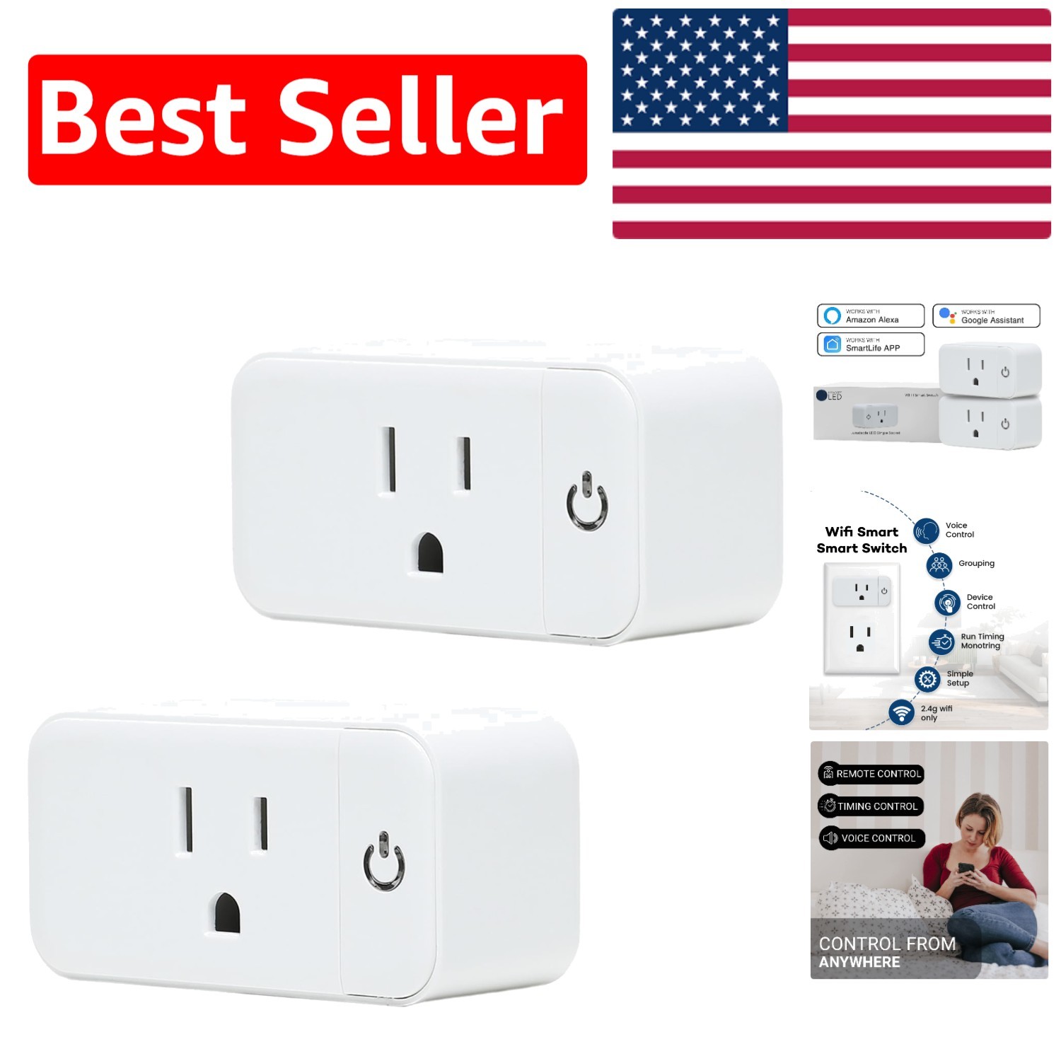 Compact Smart Home Plugs - 2 Pack Wi-Fi, Voice Control & Timer Functionality