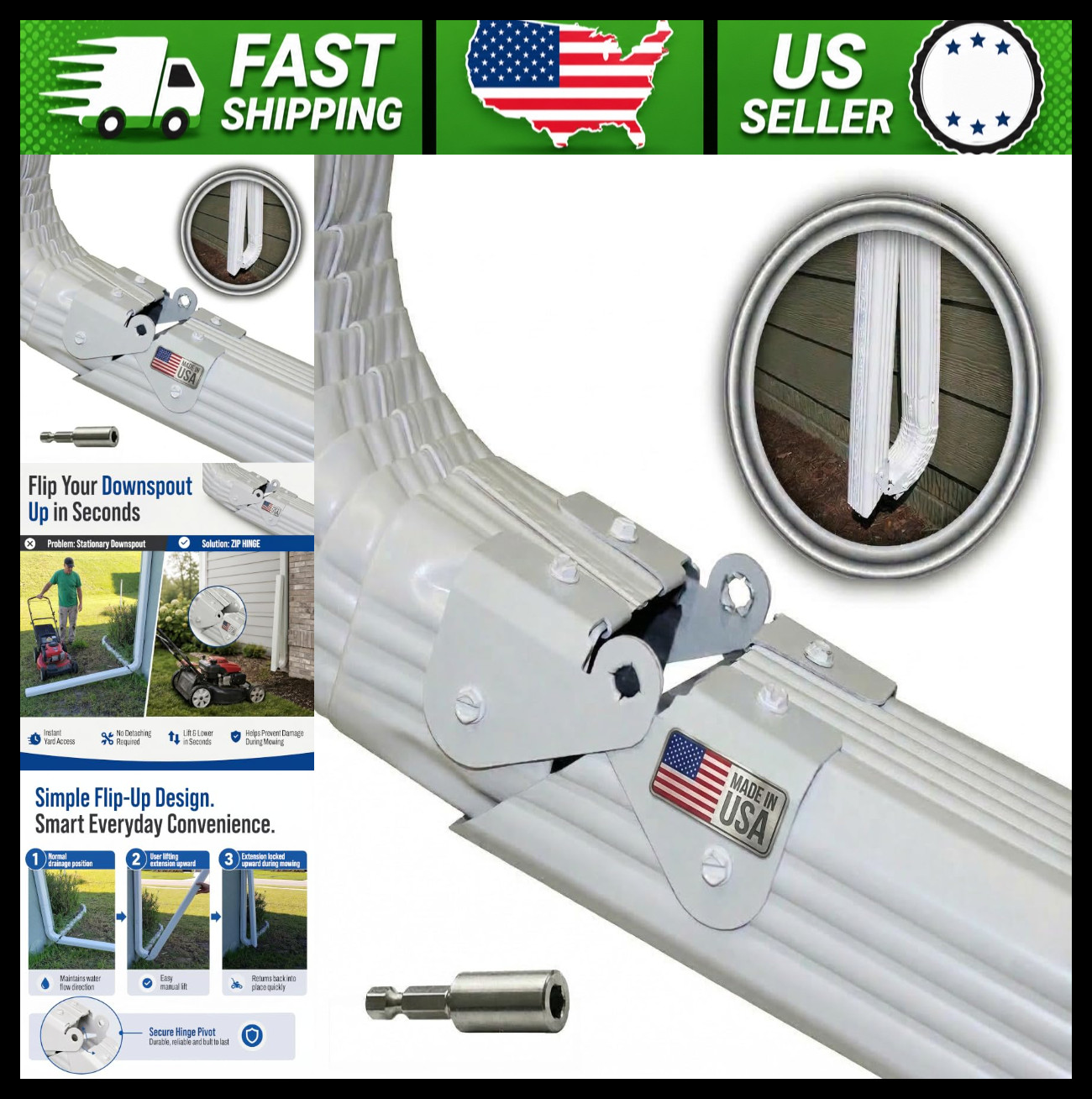 Downspout Gutter Hinge 3 Pack Flip-Up Extension for Lawn Mowing
