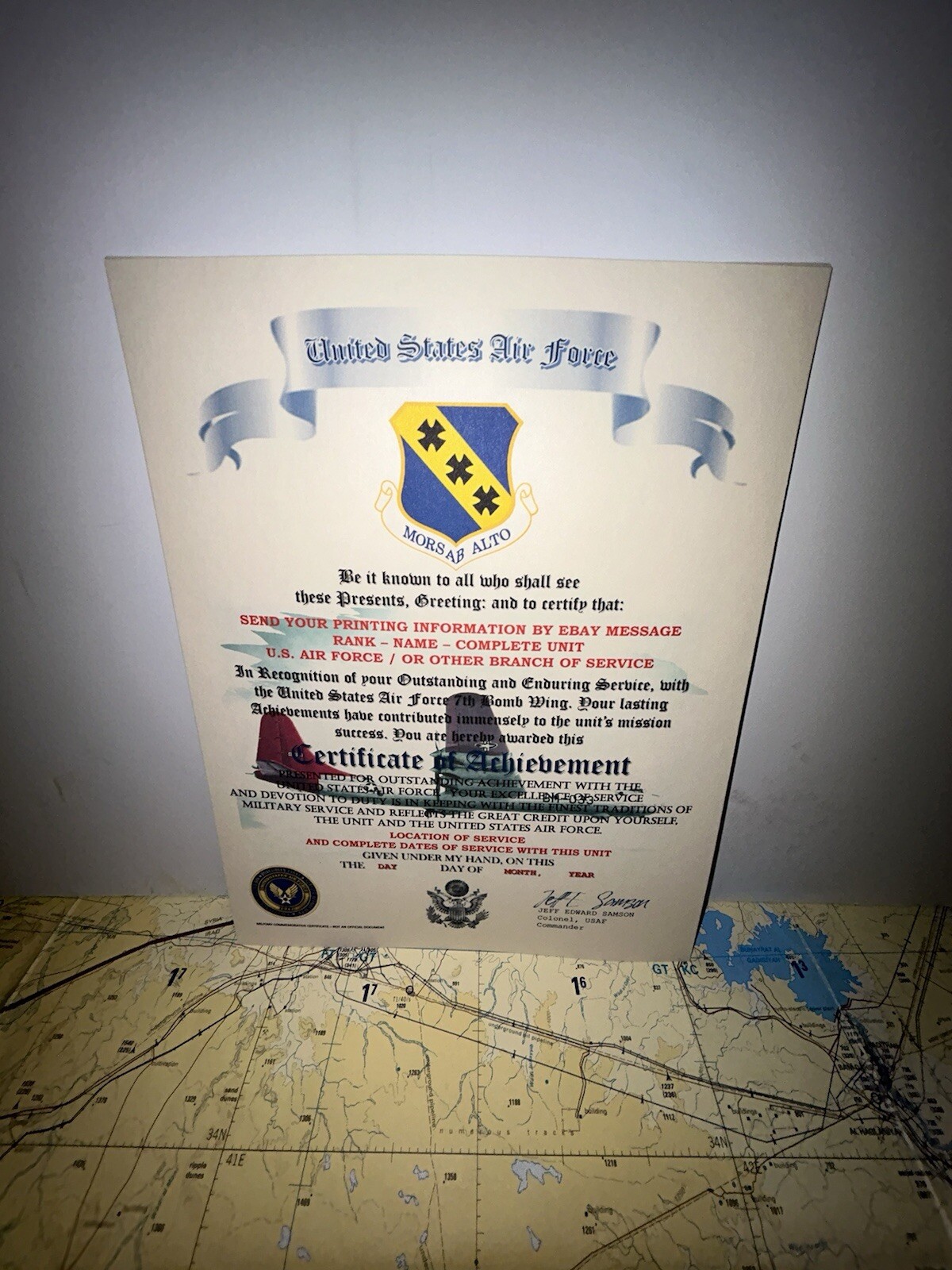 U.S.A.F. / AIR FORCE 7TH BOMB WING - CERTIFICATE OF ACHIEVEMENT