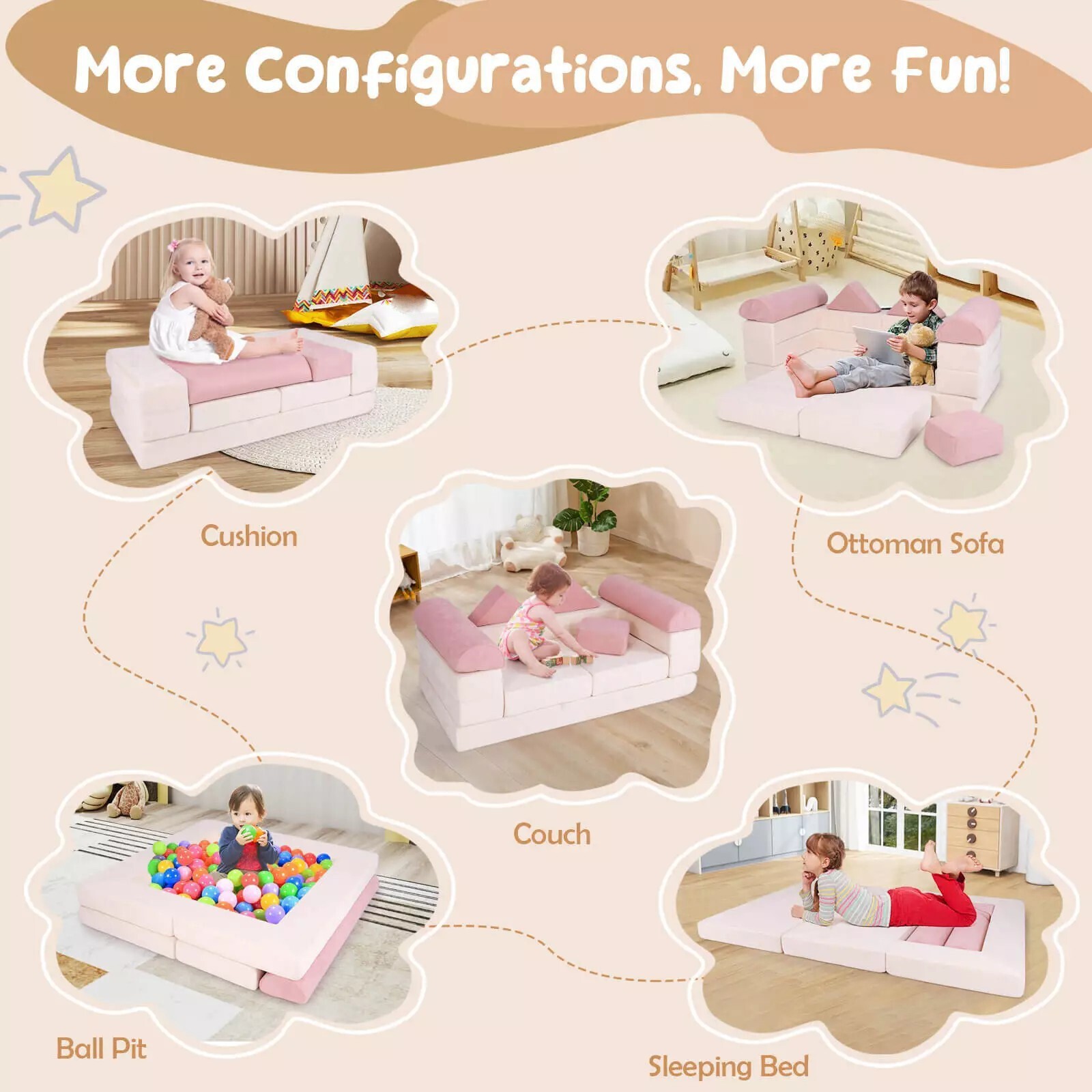 Kids Modular Play Couch, Convertible Foam Couch Play Set with Suede Fabric Cover