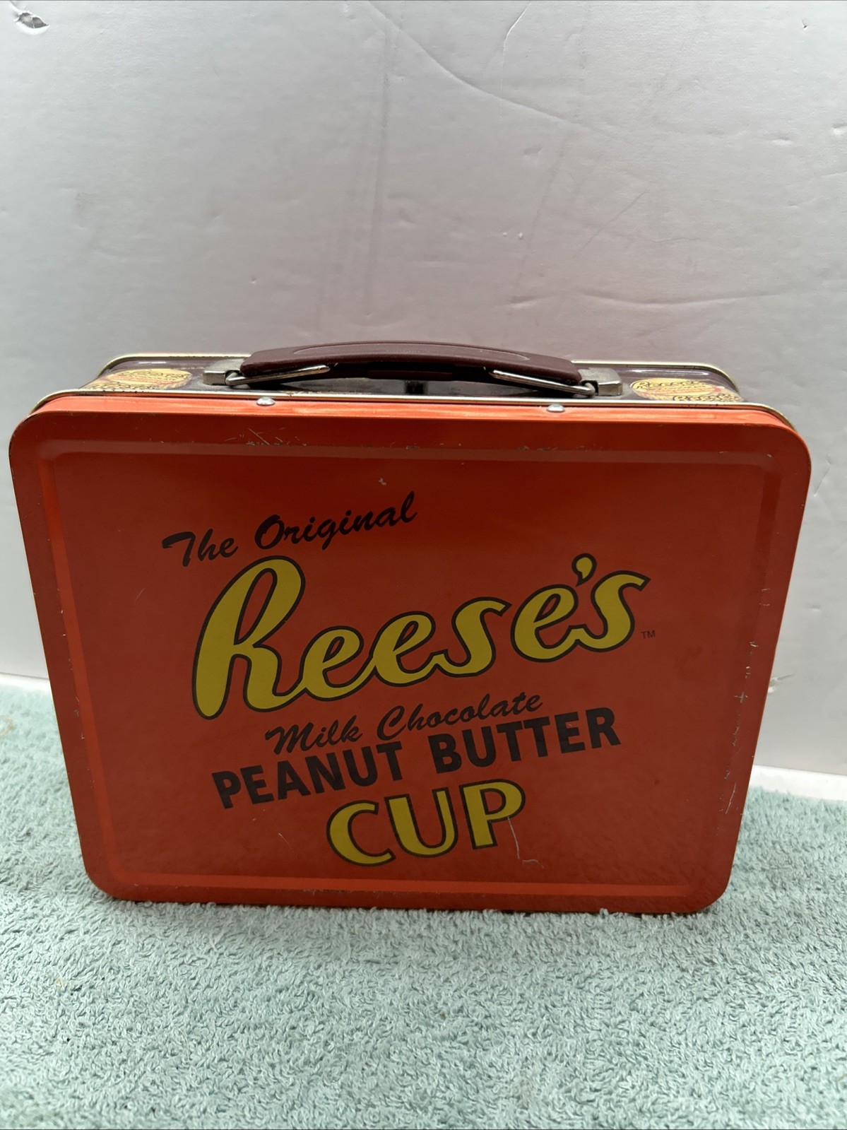 Reese's Peanut Butter Cup Orange Metal Lunchbox No Thermos Rare Vintage