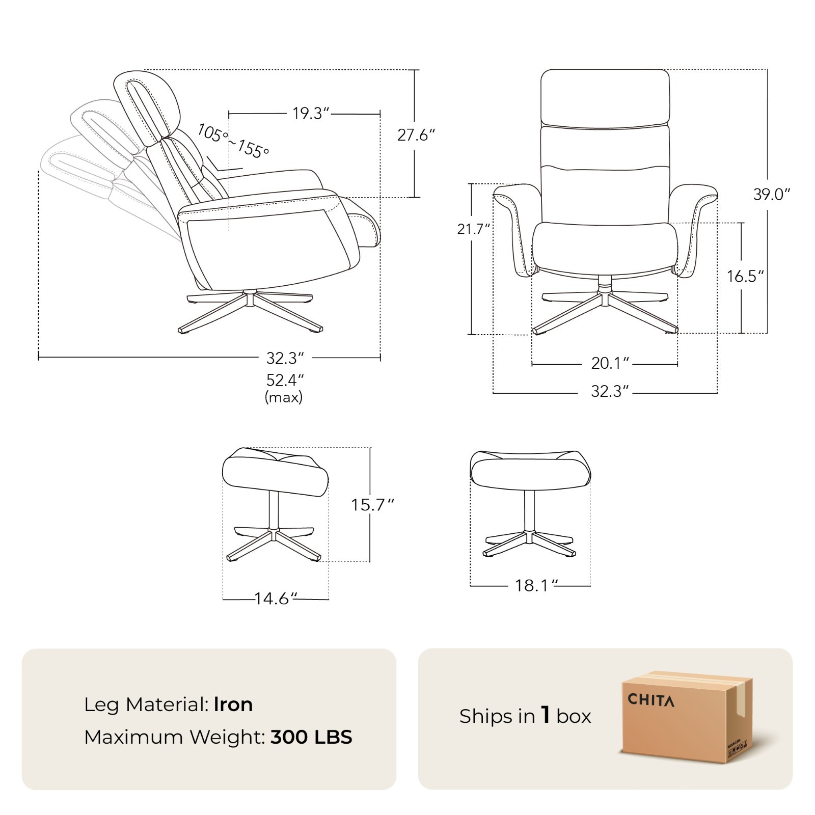 CHITA Genuine Leather Self-Weight Reclining Swivel Chair w/Adjustable Headrest