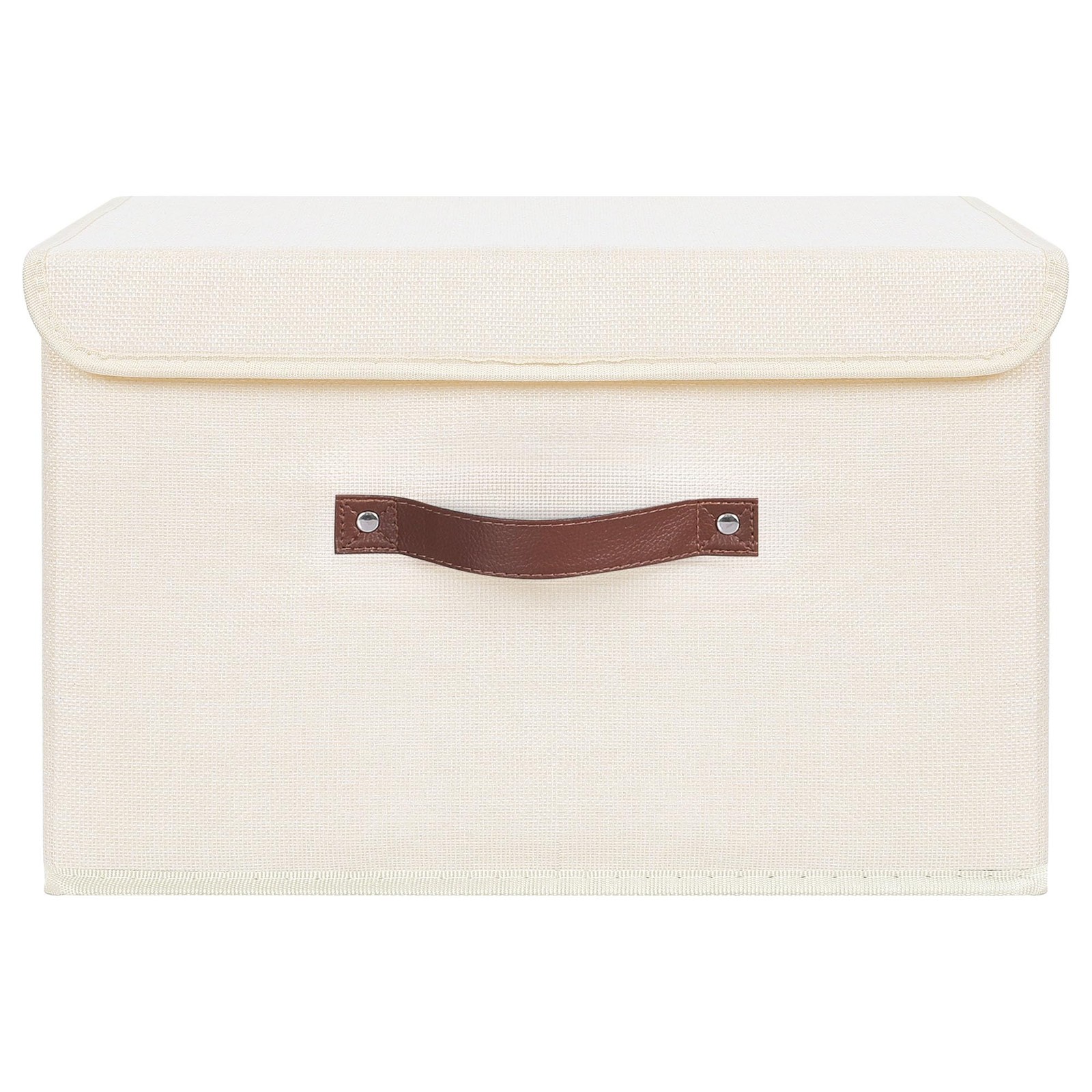 Foldable Storage Bin with Lid, PU Leather Handles, Beige, Large