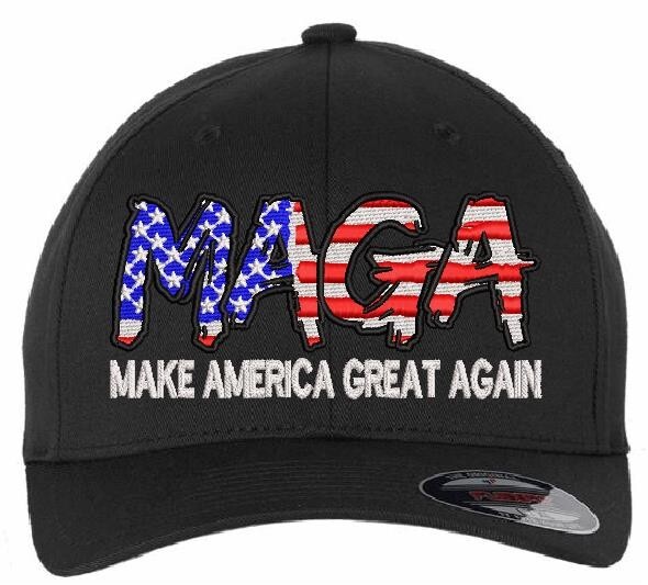 Trump Hat Make America Great Again Script Style Flex Fit BLK/Red Trump 2025 Hat