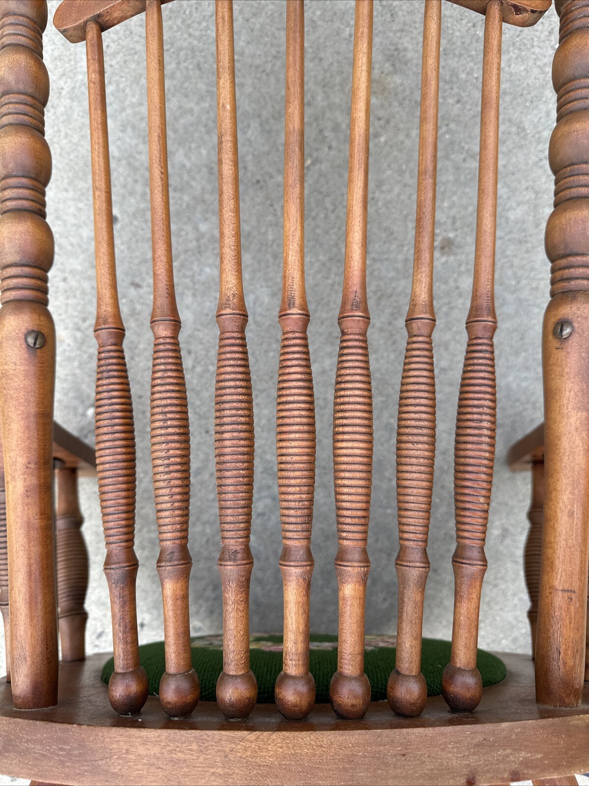 Vintage Victorian Rustic Maple Wood Spindle Back Needlepoint Seat Rocking Chair